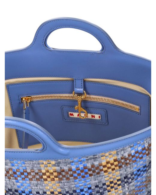 Petit sac cabas imitation raphia tropicalia Marni en coloris Blue