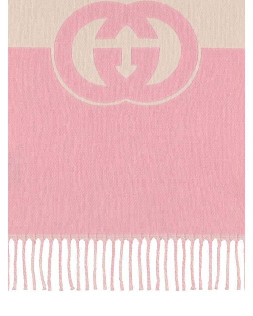 Gucci Pink Fringed Logo-jacquard Wool And Cashmere-blend Scarf