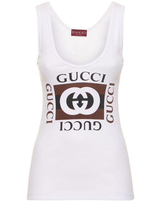 Gucci White Rib Cotton Tank Top W/ Print