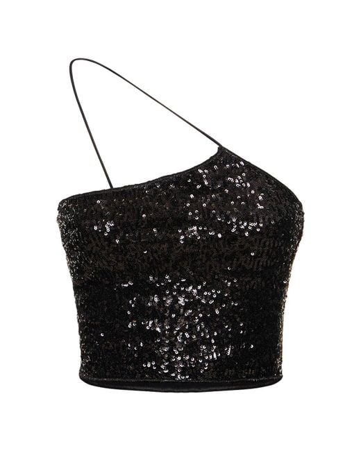 Oseree Black Sequined One-Strap Crop Top