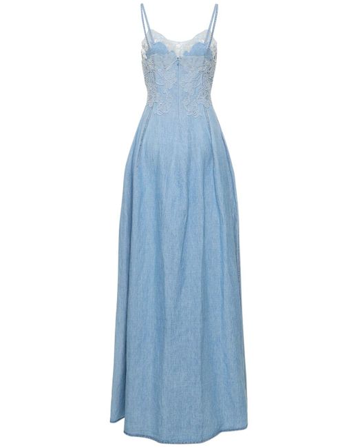 Ermanno Scervino Blue Embroidered Cotton & Linen Maxi Dress
