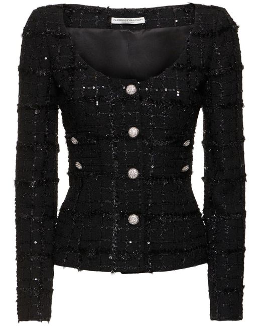 Alessandra Rich Black Sequined Checked Tweed Round Neck Jacket