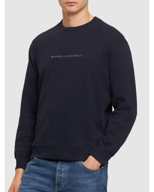 Brunello Cucinelli Blue Embroidered Logo Cotton Sweatshirt for men