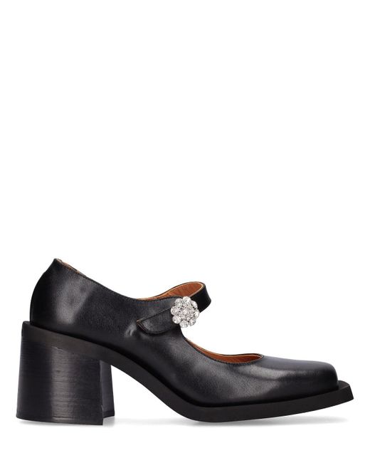 Ganni 80mm Leather Mary Jane Flats in Black | Lyst