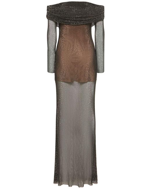 Self-Portrait Gray Embellished Fishnet Maxi Dress