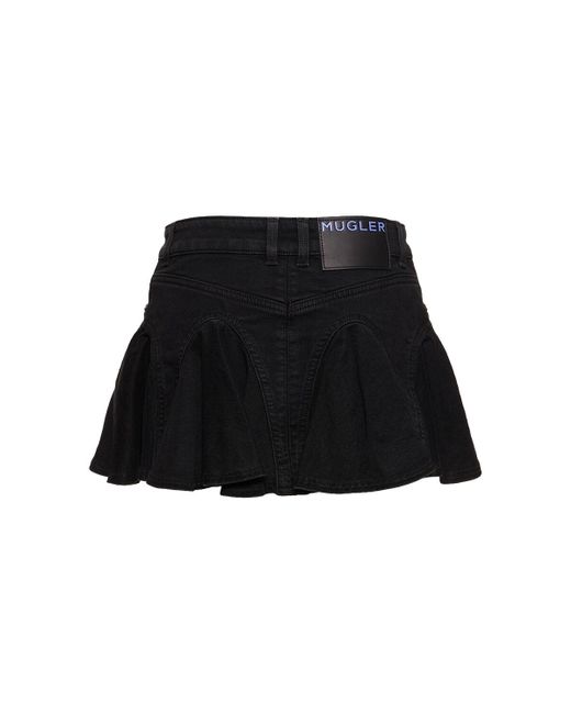 Mugler Black Ruffled Cotton Denim Mini Skirt