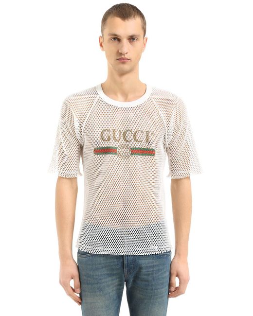 Gucci White Logo Printed Cotton Mesh T-shirt for men