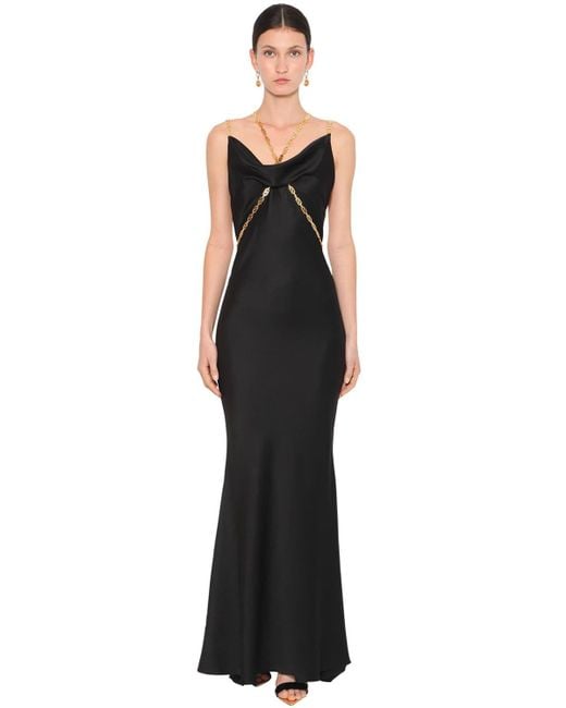 Versace Black Long Satin Dress W/ Gold Chain Detail