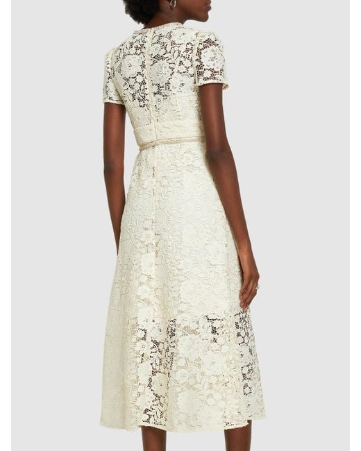 Self-Portrait Natural Midi Dress In Floral Lace With Crystal Bow