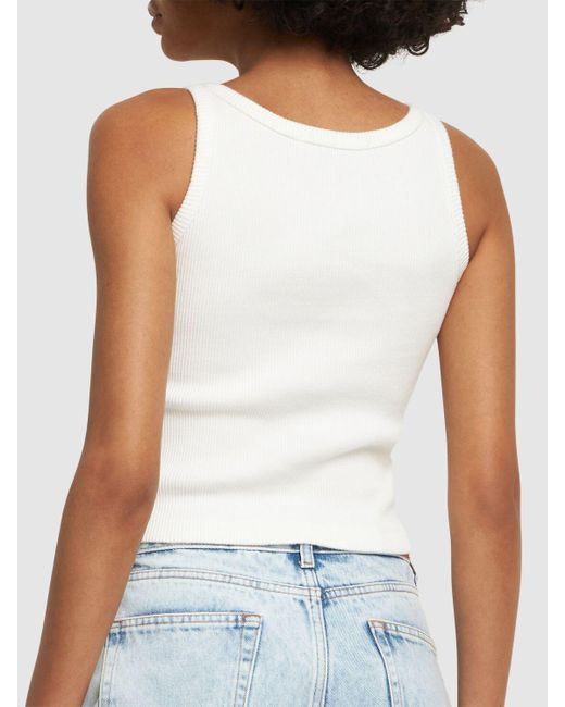 Alessandra Rich White Ribbed Jersey Sleeveless Top W/ Patch