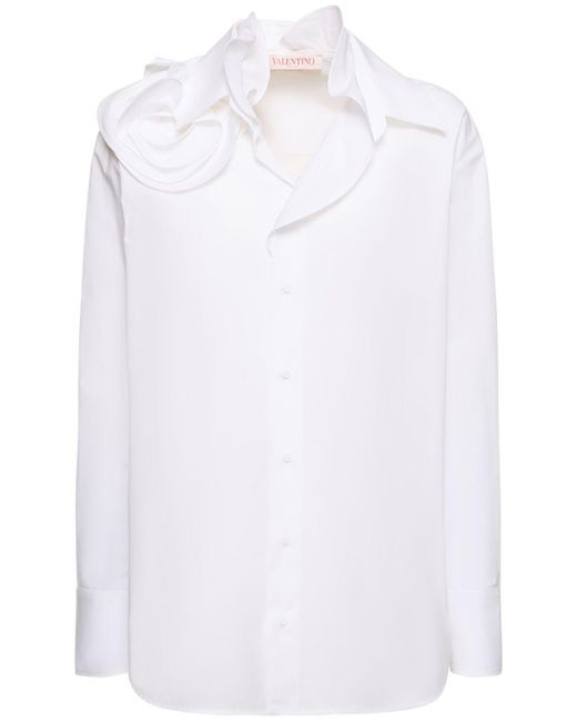 Valentino White Cotton Poplin Rose Detail Shirt