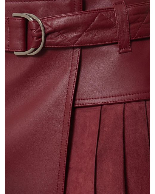 Ferrari Red Leather & Suede Pleated Mini Skirt