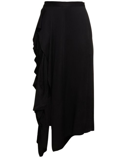 Yohji Yamamoto Black Ruffled Satin Asymmetric Midi Skirt