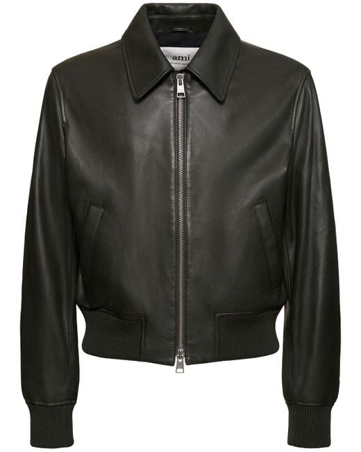 AMI Black Leather Zip Jacket for men