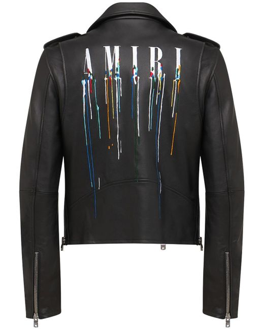 Amiri Paint Drip Logo Leather Biker Jacket in Black for Men Lyst
