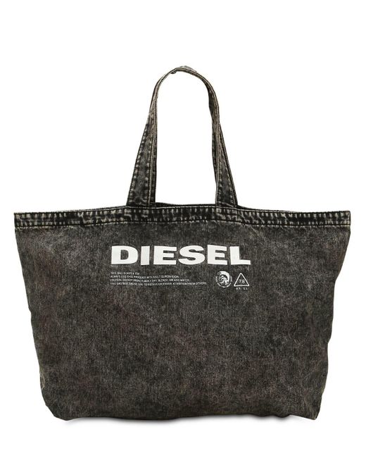DIESEL Gray Logo Printed Washed Denim Tote Bag for men