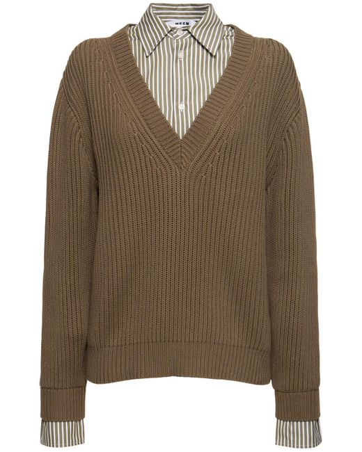 MSGM Brown Cotton V-Neck Sweater