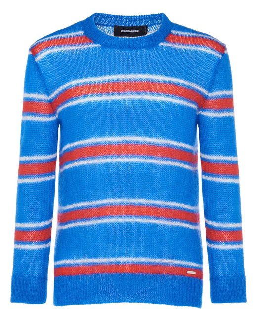 DSquared² Blue Striped Mohair Blend Crewneck Sweater for men