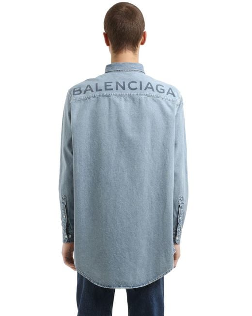 Balenciaga Blue Oversized Back Logo Cotton Denim Shirt for men