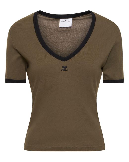 Contrast v-neck cotton t-shirt di Courreges in Green
