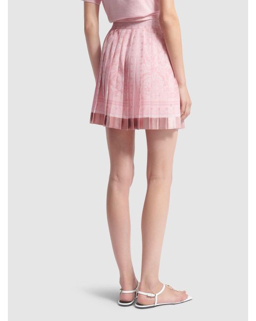 Versace Pink Barocco Print Pleated Silk Mini Skirt