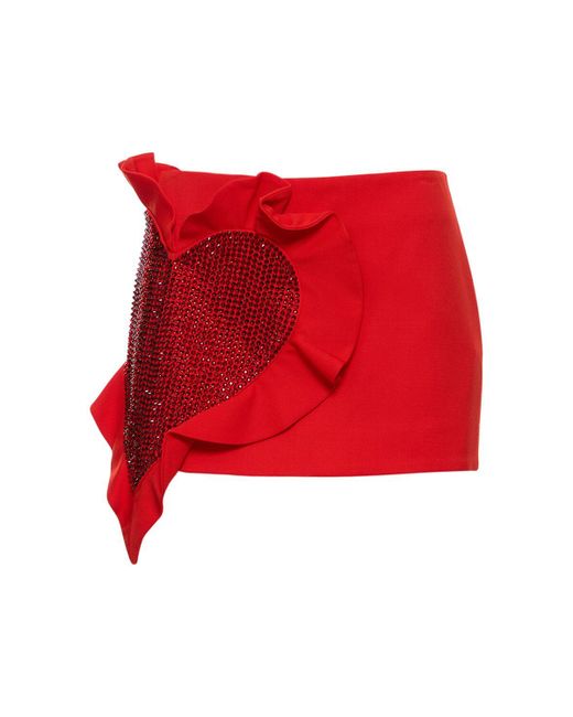 Area Red Ruffled Heart Stretch Wool Mini Skirt