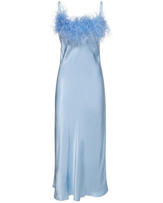 Sleeper Blue Boheme Slip Midi Dress W/ Feathers