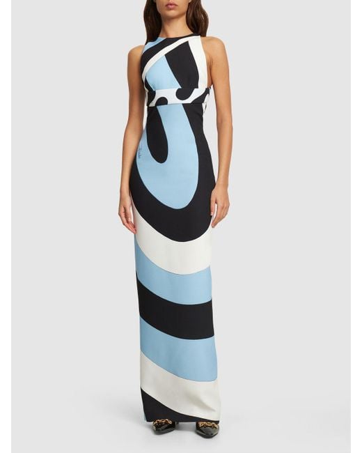 Emilio Pucci Blue Sleeveless Crepe Open Back Long Dress