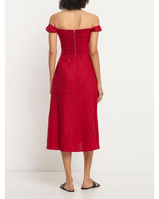 Reformation Red Bridgton Off-Shoulder Linen Midi Dress