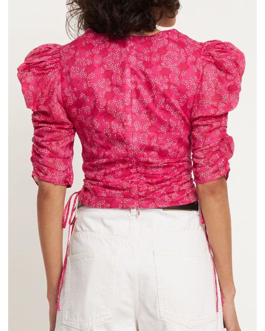 Isabel Marant Pink Galaor Puff Sleeve Cotton Crop Top