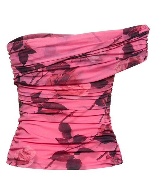 Blumarine Pink Rose Printed Jersey One Shoulder Top