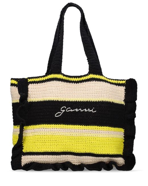 Ganni Yellow Cotton Crochet Ruffle Tote Bag