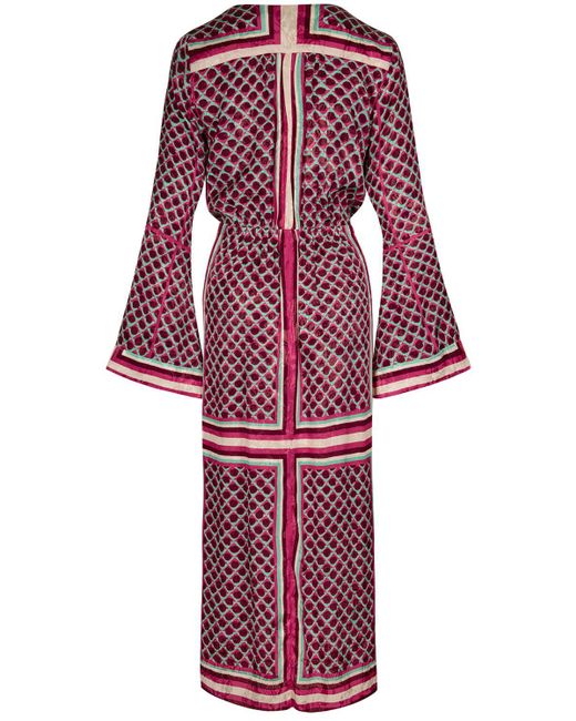 Johanna Ortiz Red Jacquard Long Sleeve Midi Wrap Dress