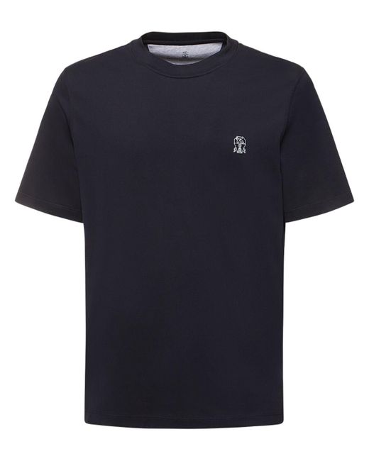 T-shirt in jersey di cotone con logo di Brunello Cucinelli in Blue da Uomo