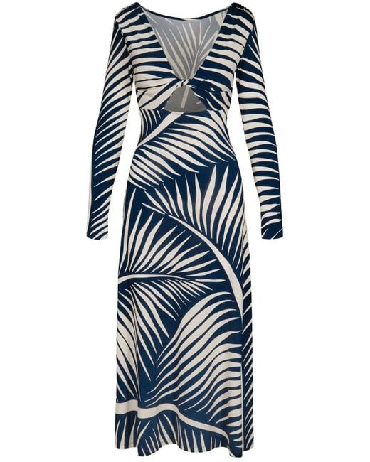 Johanna Ortiz Blue Printed Shiny Jersey Cutout Midi Dress