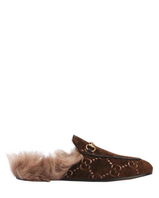 Gucci Brown Flat Princetown Velvet GG Mule With Fur