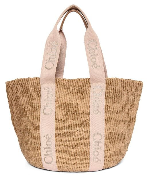 Chloé Brown Woody Large Leather-trimmed Raffia Tote