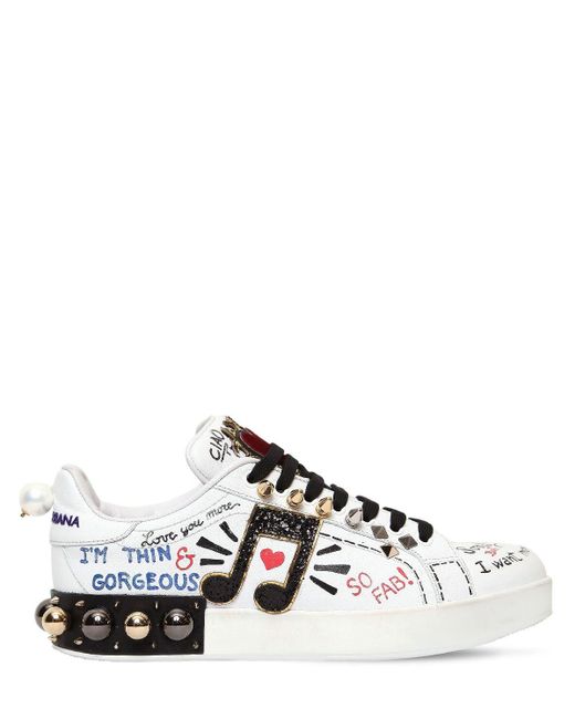 Dolce & Gabbana White Printed Calfskin Nappa Portofino Sneakers With Patch And Embroidery