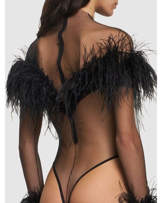 Mugler Black Langärmeliger Body Aus Tüll Und Federn