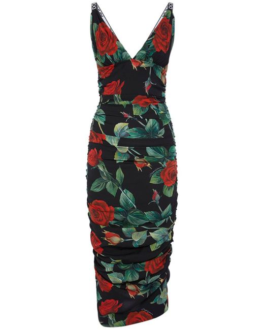 Dolce & Gabbana Rose Print Silk Charmeuse Midi Dress | Lyst