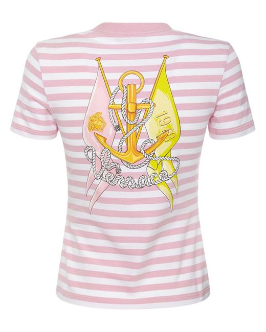 Versace Pink T-shirt Aus Baumwolljersey Mit Logostreifen