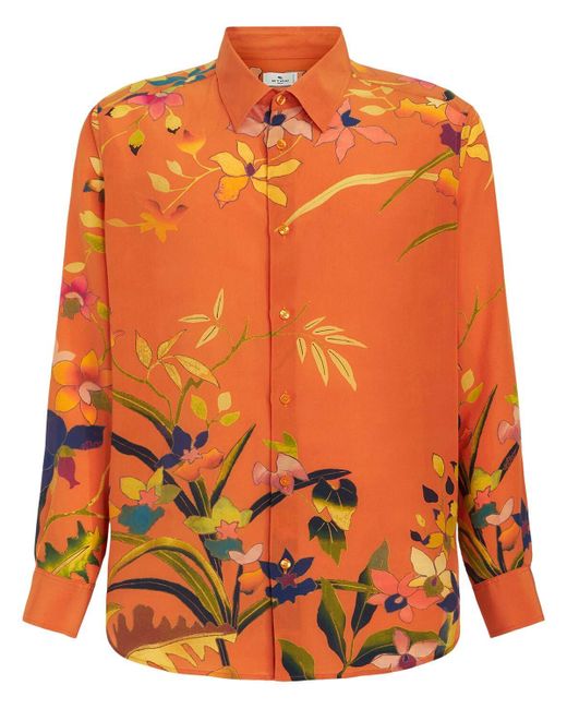 Etro Orange Flower Print Silk Loose Shirt for men