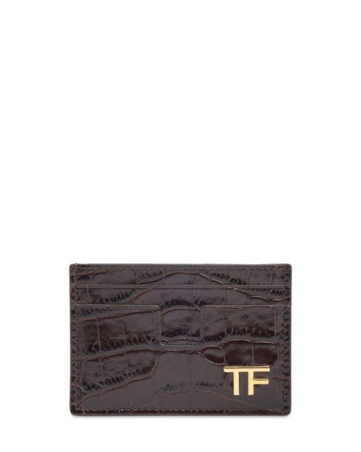 Tom Ford Gray Shiny Croc Embossed Leather Card Holder