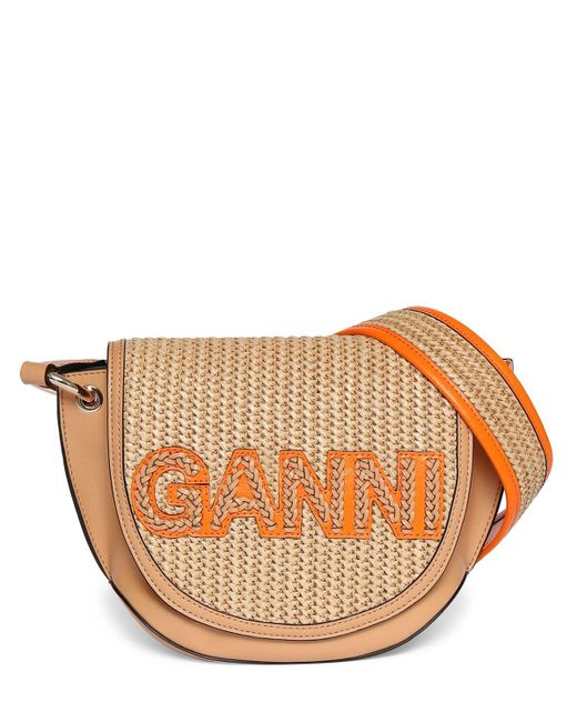 Ganni Multicolor Banner Saddle Raffia Shoulder Bag