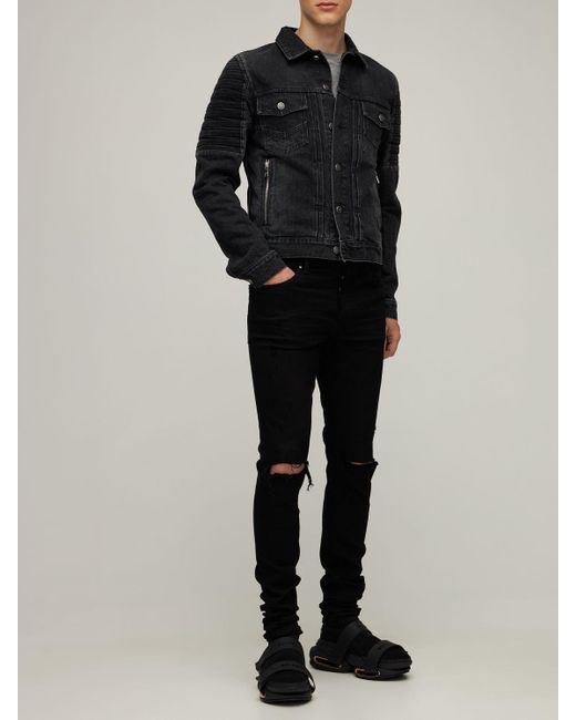 Balmain Logo Embossed Distressed Denim Jacket in Black for Men | Lyst