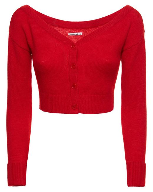 Reformation Red Millie Cashmere Off-He-Shoulder Cardigan