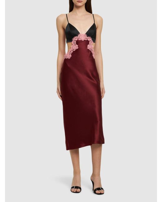 Fleur du Mal Red Silk & Lace Cutout Slip Midi Dress