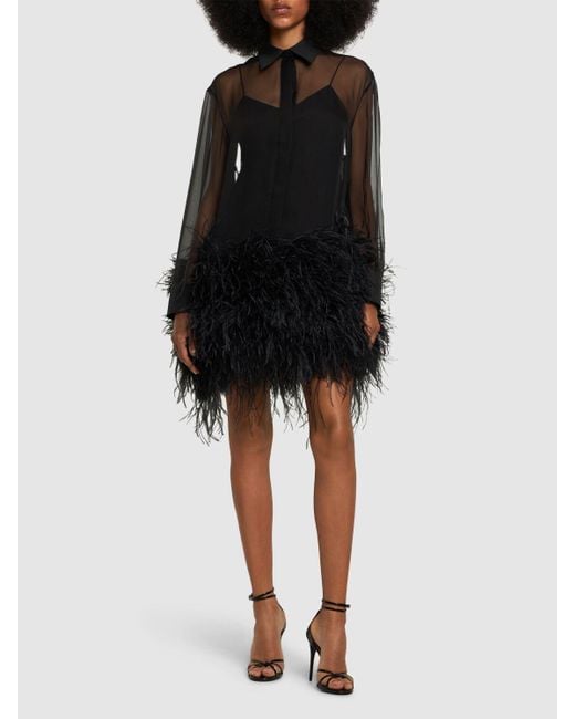 Valentino Black Silk Chiffon Mini Shirt Dress W/feathers