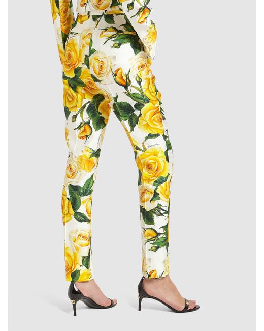 Dolce & Gabbana Yellow Silk Mikado Rose Print Straight Pant