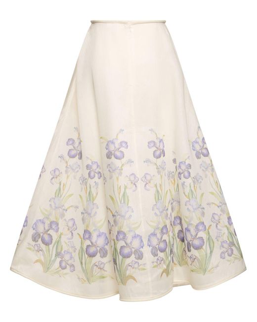 Zimmermann White Natura Print Silk & Linen Midi Skirt